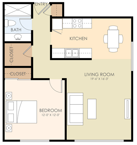 Floor plan for 1 bed, 1 bath
